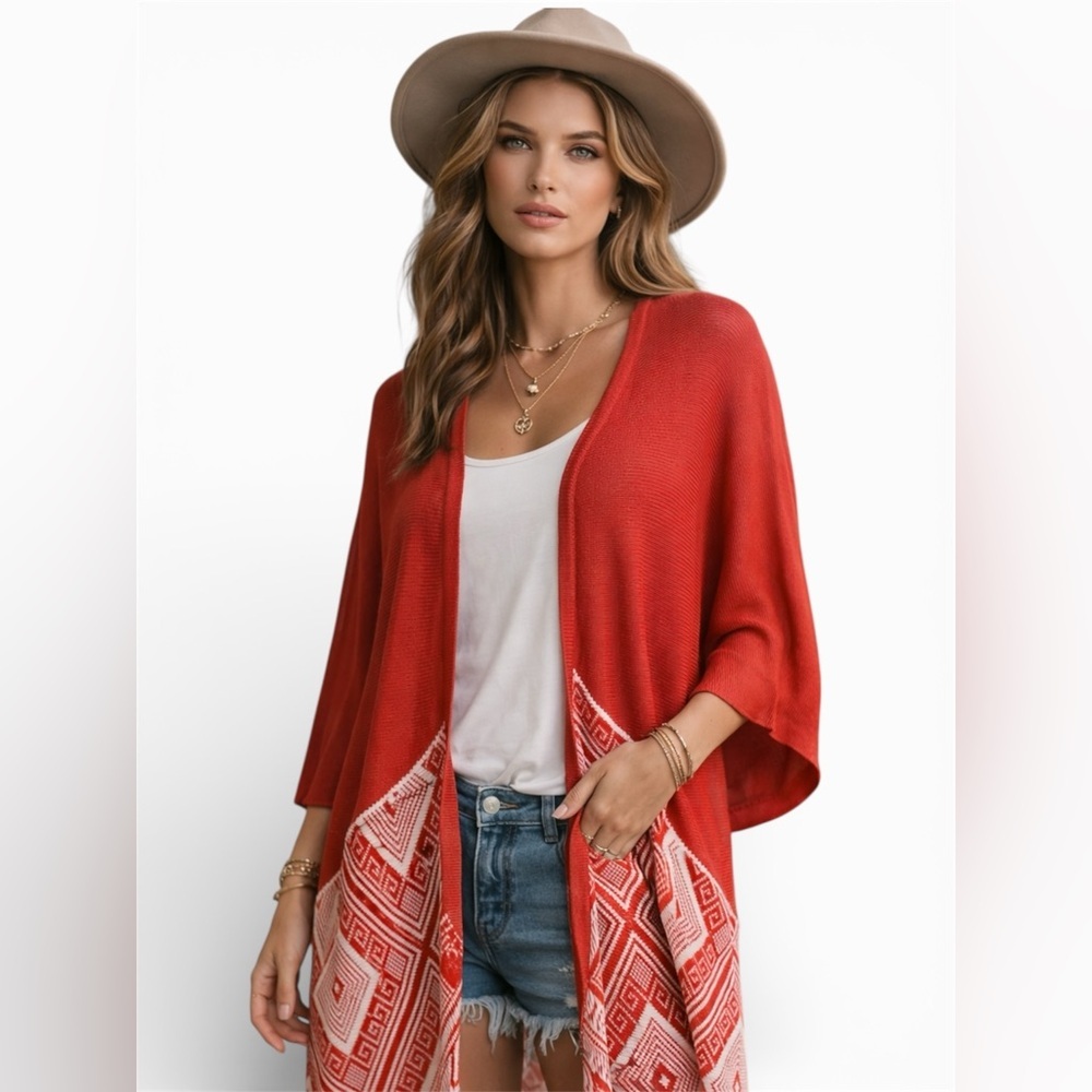 Umgee Red & Ivory Boho Open-Front Kimono with Crochet Back & Fringe (1149-2)